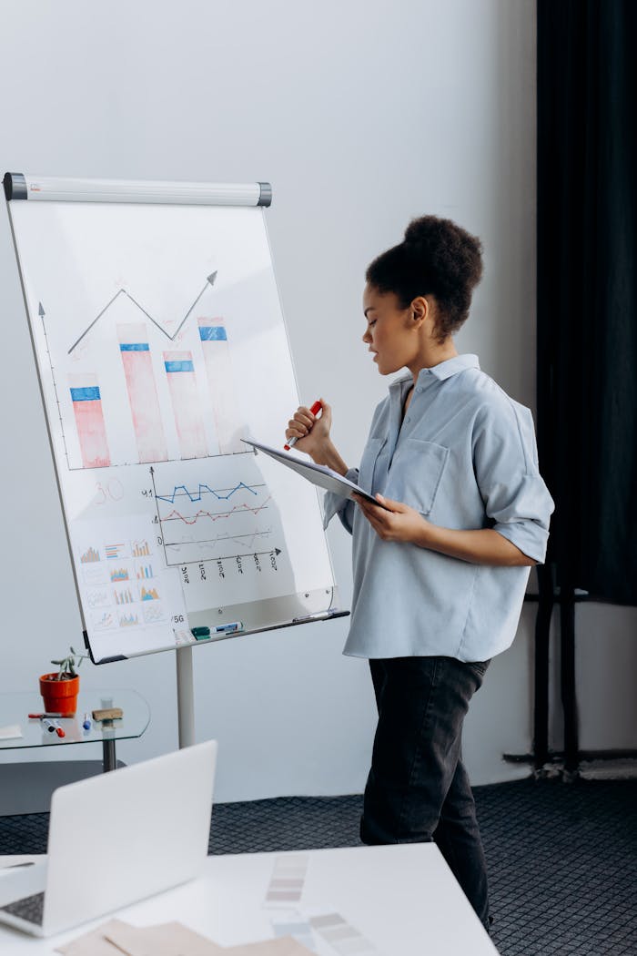 Professional businesswoman presenting data analytics on a flipchart in a modern office.